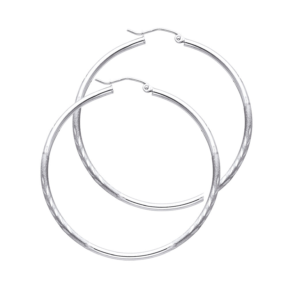 14K White Gold 2 mm Bud Diamond Cut Round Tube Hoop