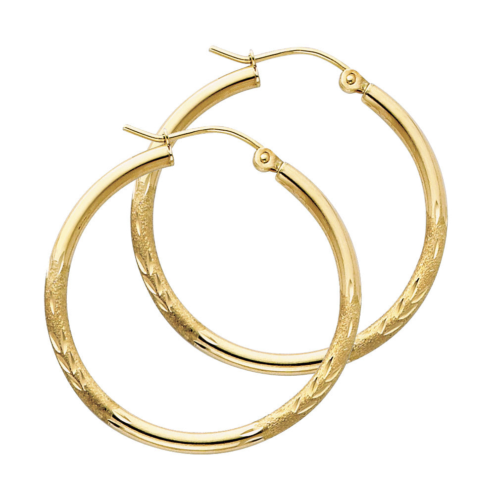 14K Yellow Gold 2 mm Bud Diamond Cut Round Tube Hoop