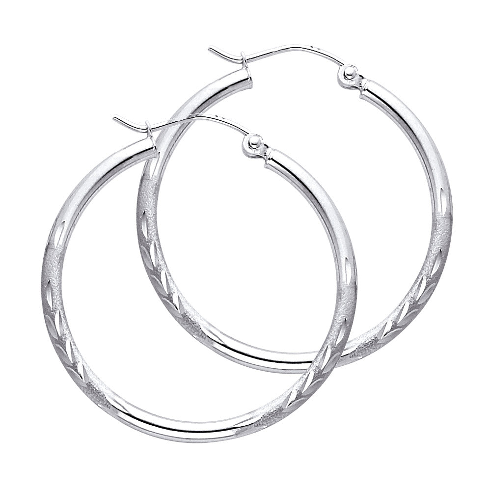 14K White Gold 2 mm Bud Diamond Cut Round Tube Hoop