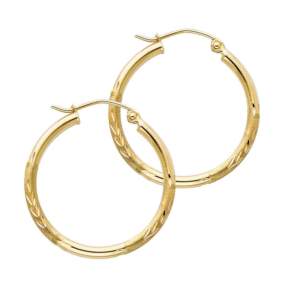 14K Yellow Gold 2 mm Bud Diamond Cut Round Tube Hoop