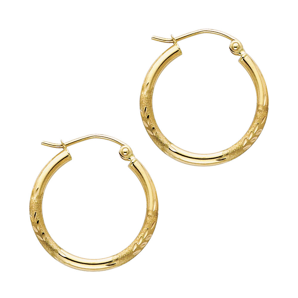 14K Yellow Gold 2 mm Bud Diamond Cut Round Tube Hoop