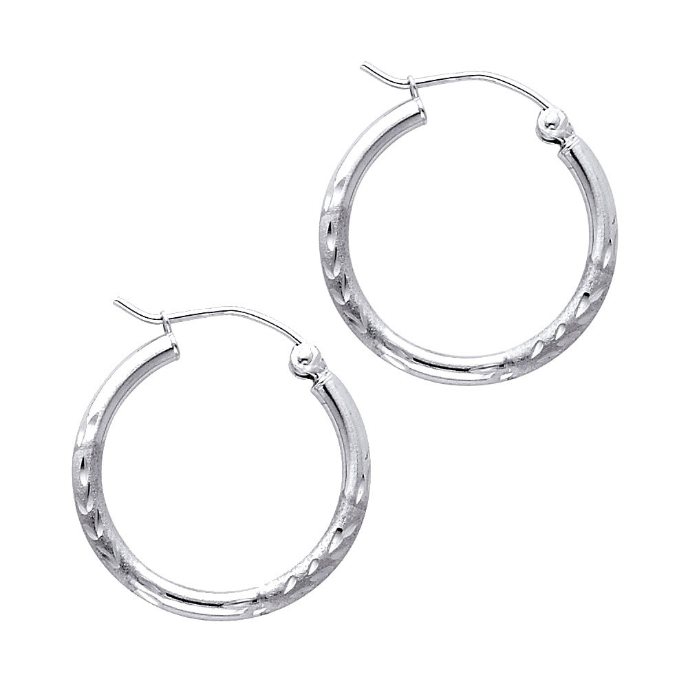 14K White Gold 2 mm Bud Diamond Cut Round Tube Hoop