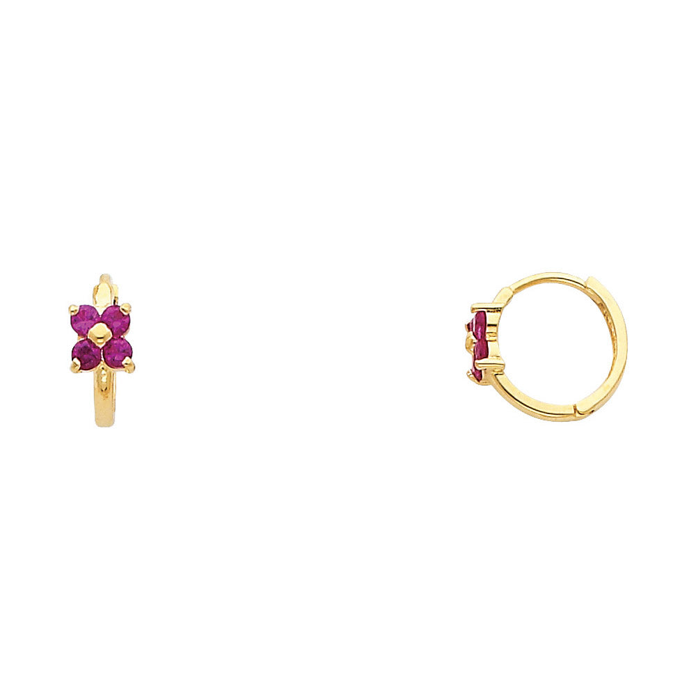 14K Yellow Gold Red Flower Huggies Earrings (ER292)