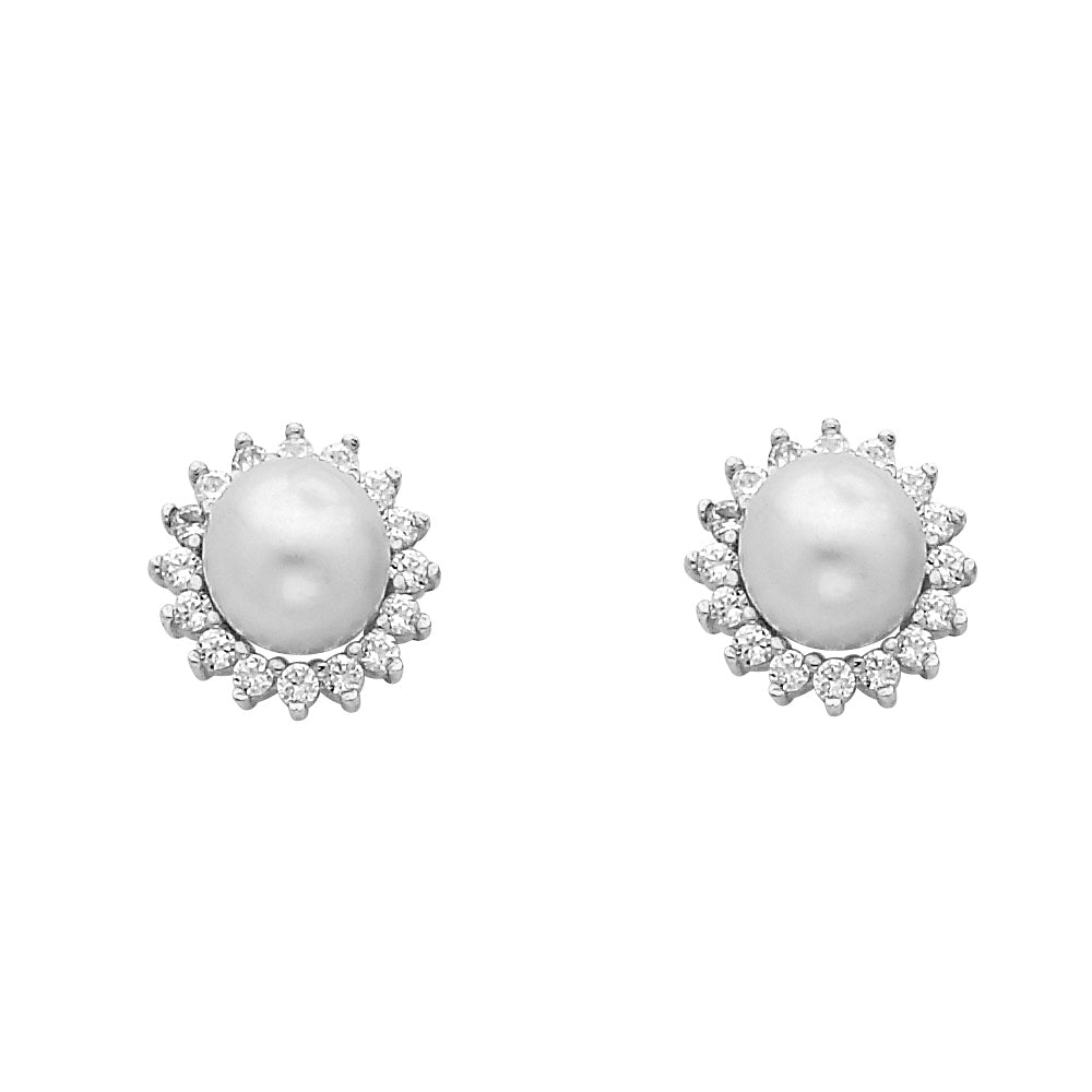14K White Gold CZ Pearl Earrings (ER433)