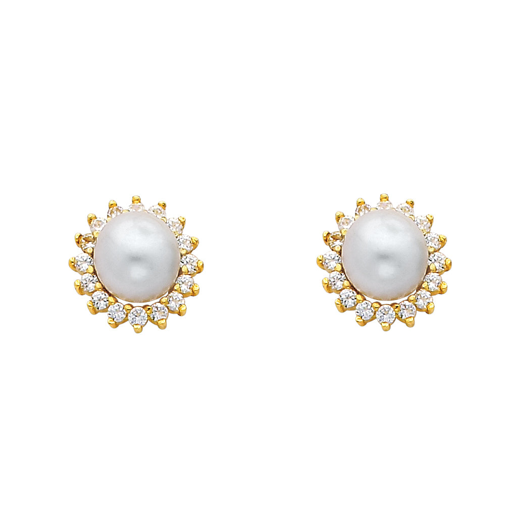 14K Yellow Gold CZ Pearl Earrings (ER436)