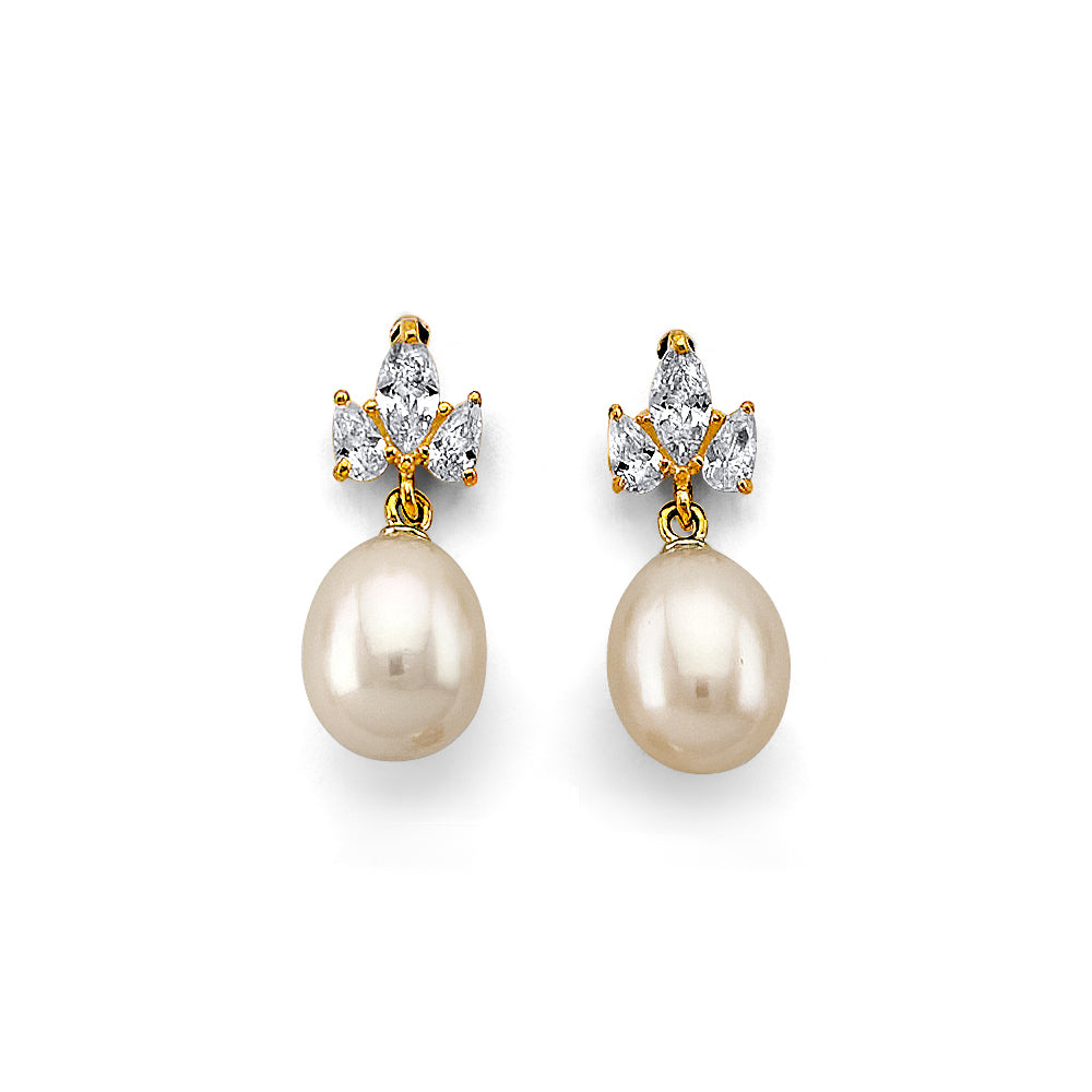 14K Yellow Gold CZ Pearl Earrings (ER439)