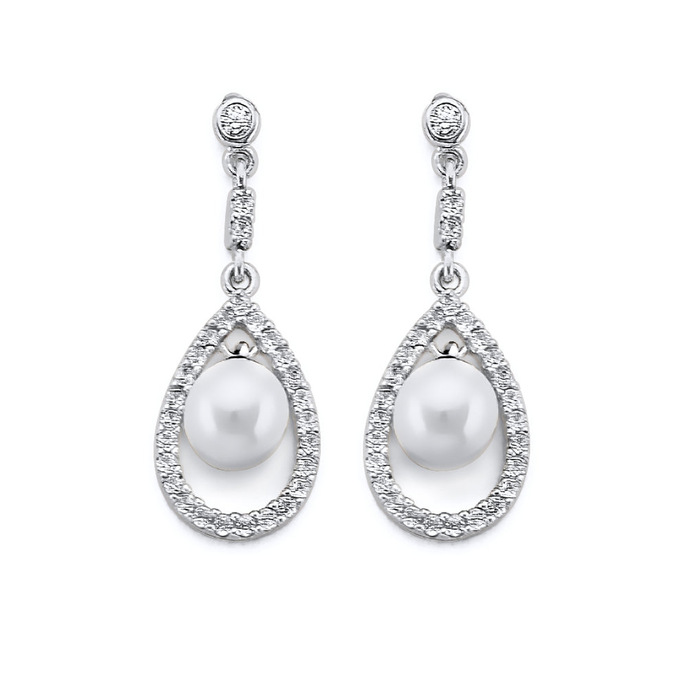 14K White Gold CZ Pearl Earrings (ER444)