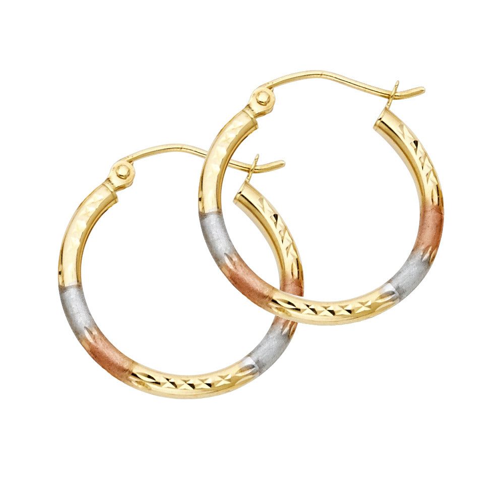 14K Yellow White Rose Gold 2 mm Round Tube Diamond Cut Round Hoop
