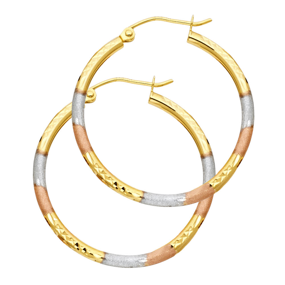 14K Yellow White Rose Gold 2 mm Round Tube Diamond Cut Round Hoop