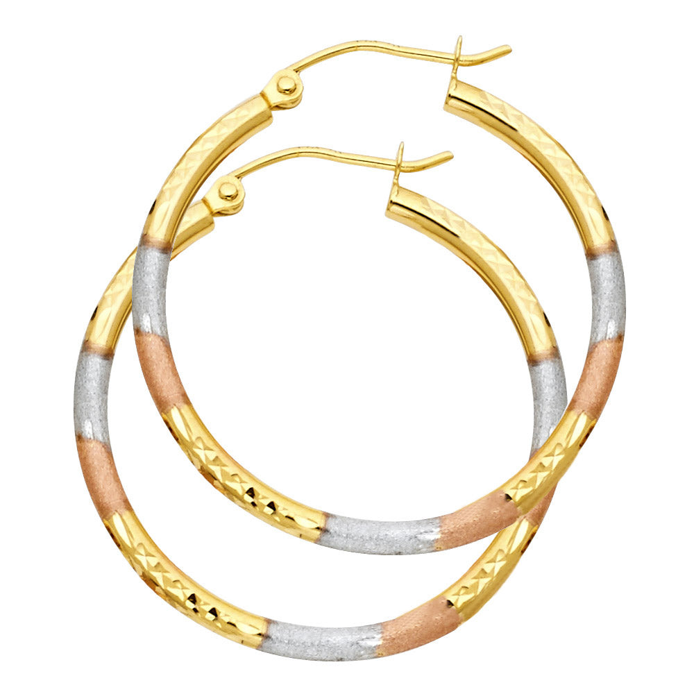 14K Yellow White Rose Gold 2 mm Round Tube Diamond Cut Round Hoop