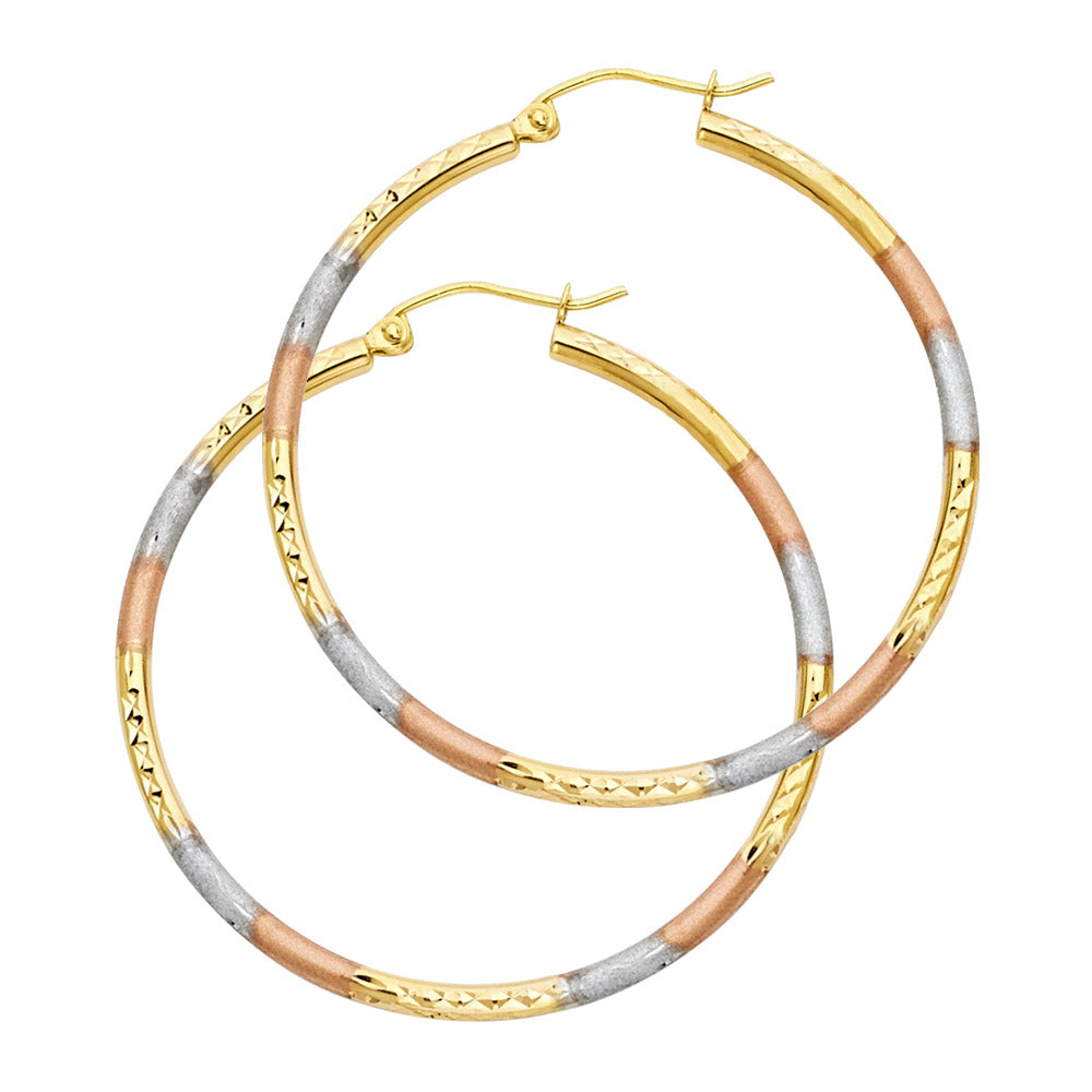 14K Yellow White Rose Gold 2 mm Round Tube Diamond Cut Round Hoop