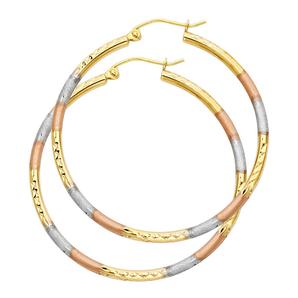 14K Yellow White Rose Gold 2 mm Round Tube Diamond Cut Round Hoop