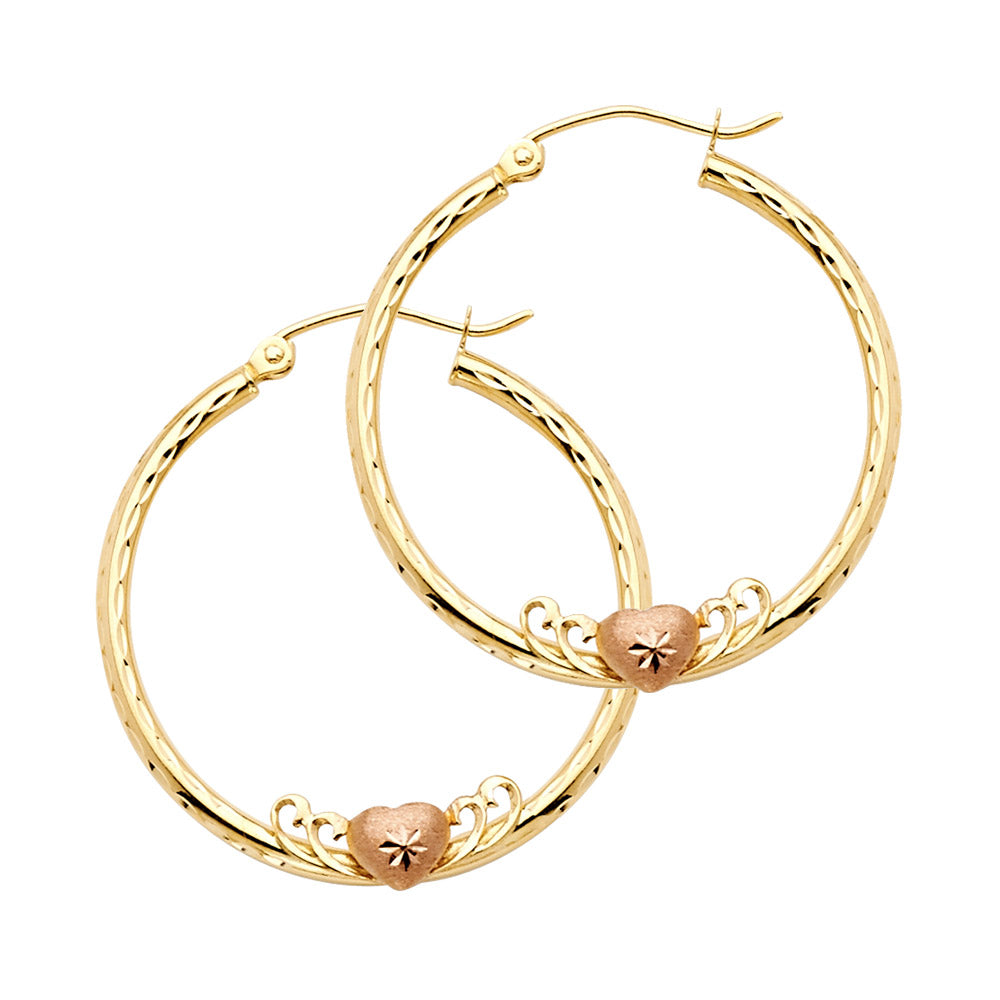 14K Two Tone Gold 2 mm Round Hoop With Heart