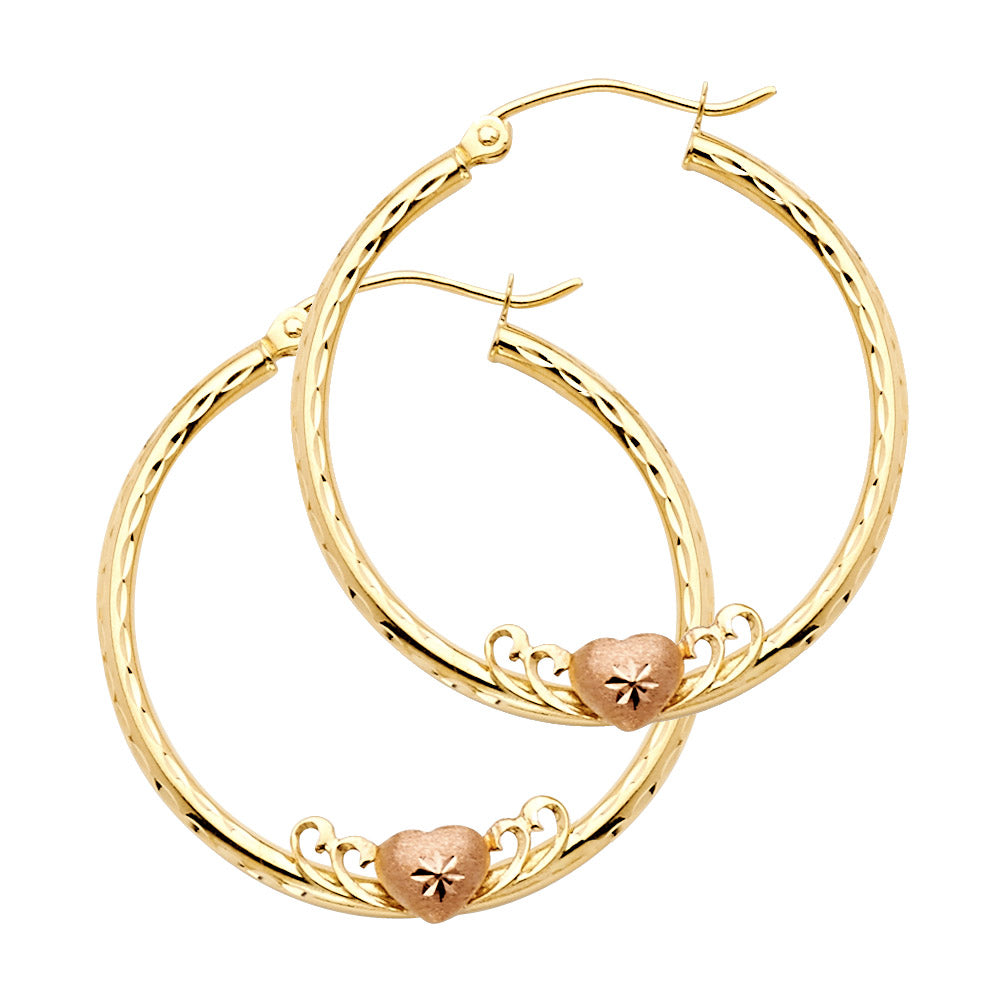 14K Two Tone Gold 2 mm Round Hoop With Heart