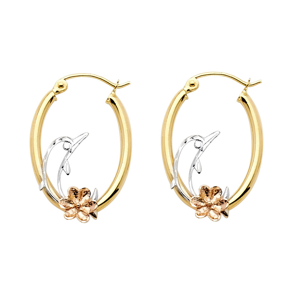 14K Yellow White Rose Gold Sm Fancy Earring With Heart Dolphin