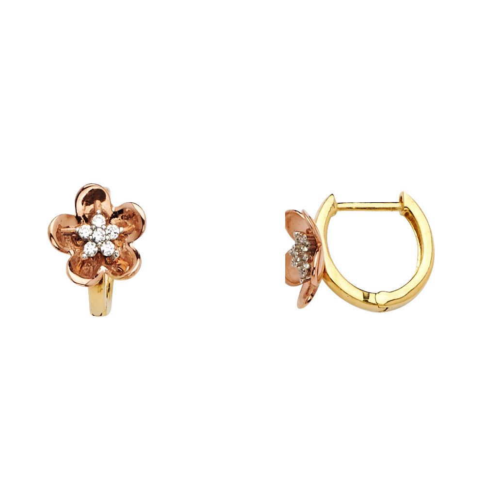 14K Two Tone Gold Flower CZ Huggies