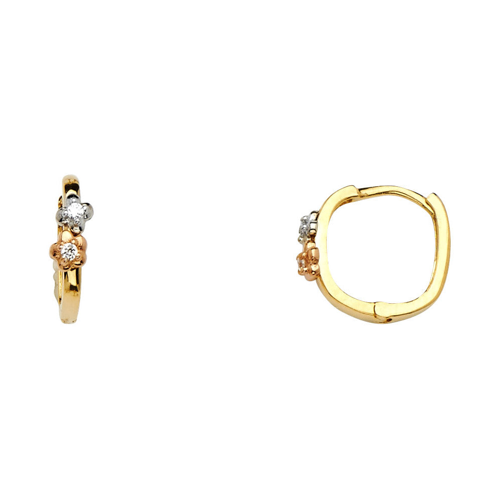 14K Yellow White Rose Gold Flower CZ Huggies