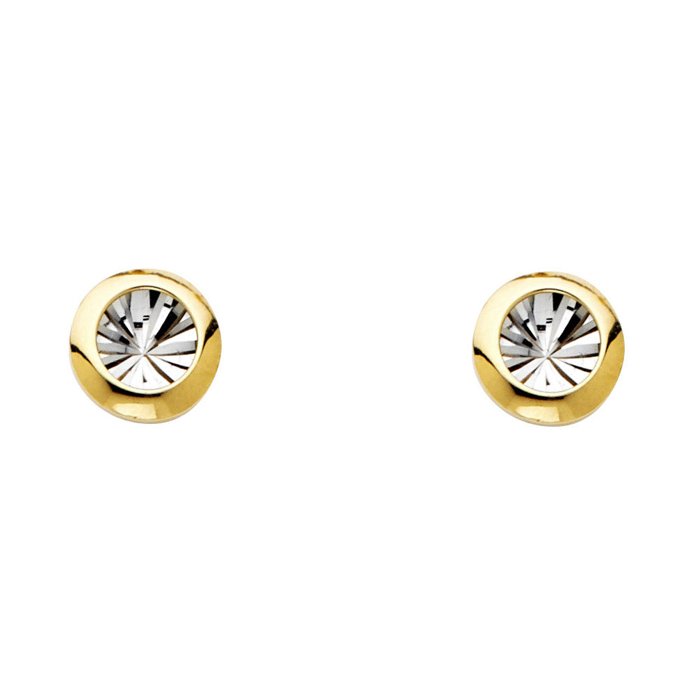 14K Two Tone Gold St-Diamond-Cut Round Earrings with Push-Back
