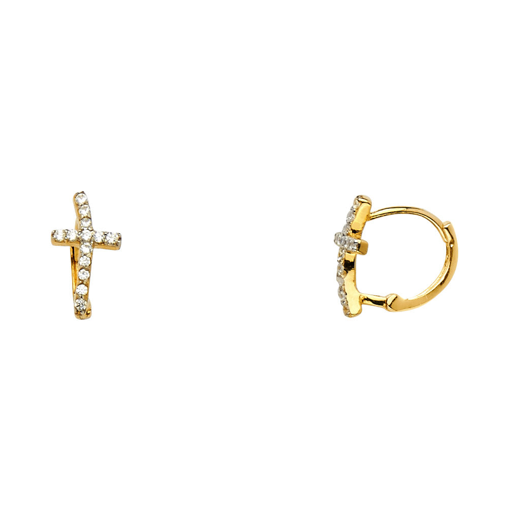 14K Two Tone Gold Curved CZ Cross Huggies