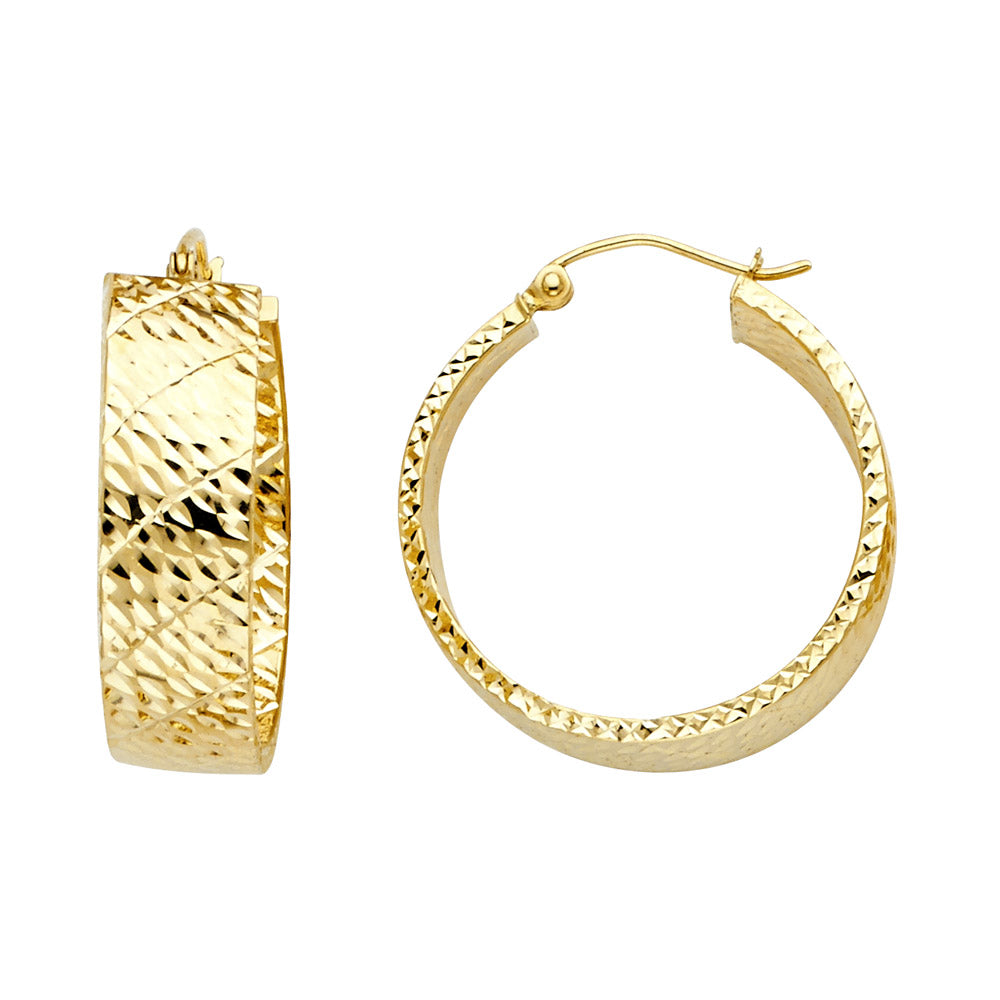 14K Yellow Gold Hollow Wide Full Diamond Cut Hoop Earring