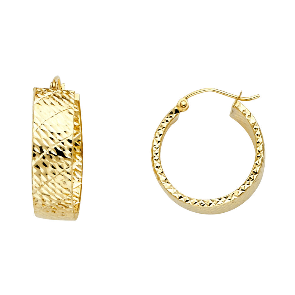 14K Yellow Gold Hollow Wide Full Diamond Cut Hoop Earring