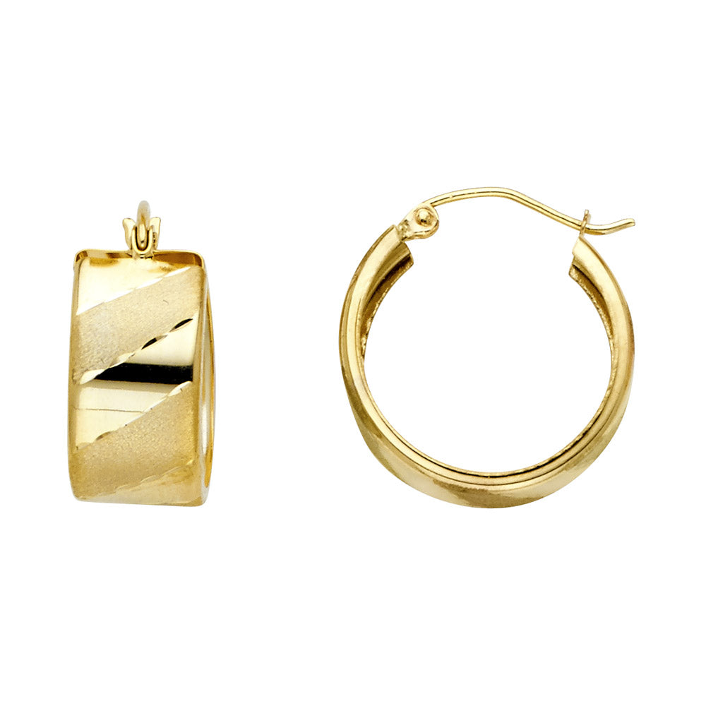 14K Yellow Gold Studs Wide Diagonal Diamond Cut Hoop Earring