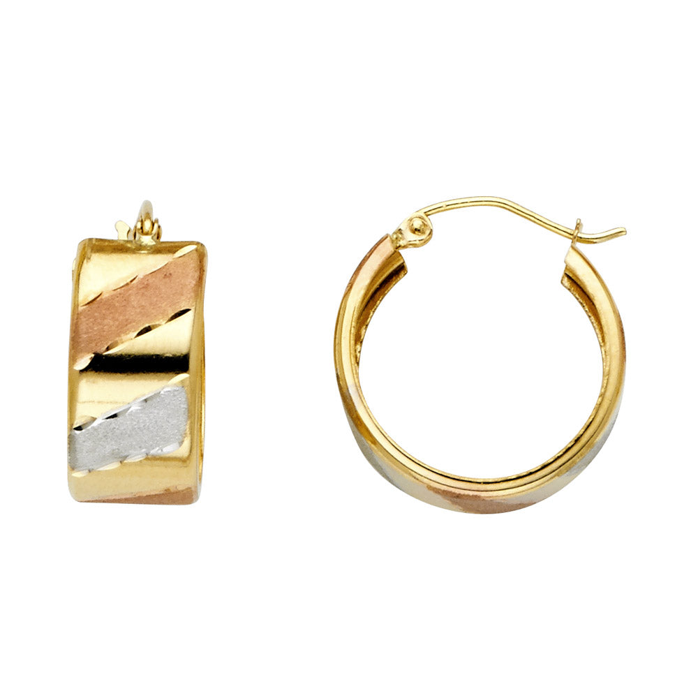 14K Yellow White Rose Gold Studs Wide Diagonal Diamond Cut Hoop Earring