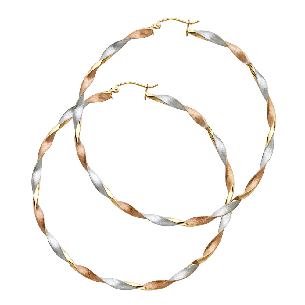 14K Yellow White Rose Gold Curled Hollow Hoop Earring