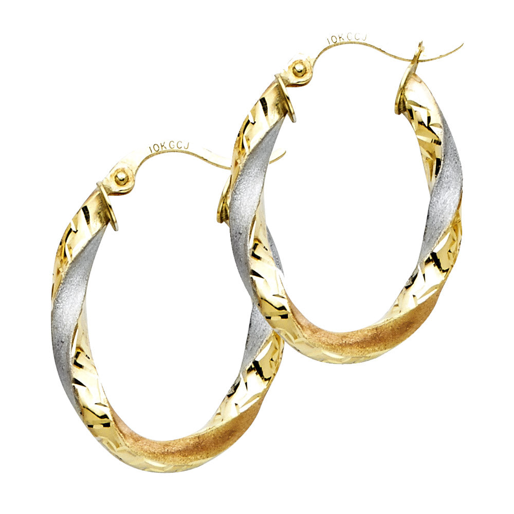 14K Yellow White Rose Gold Curled Hollow Oval Hoop Earring