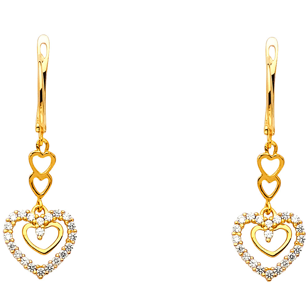 14K Yellow Gold CZ Heart Hanging Earring