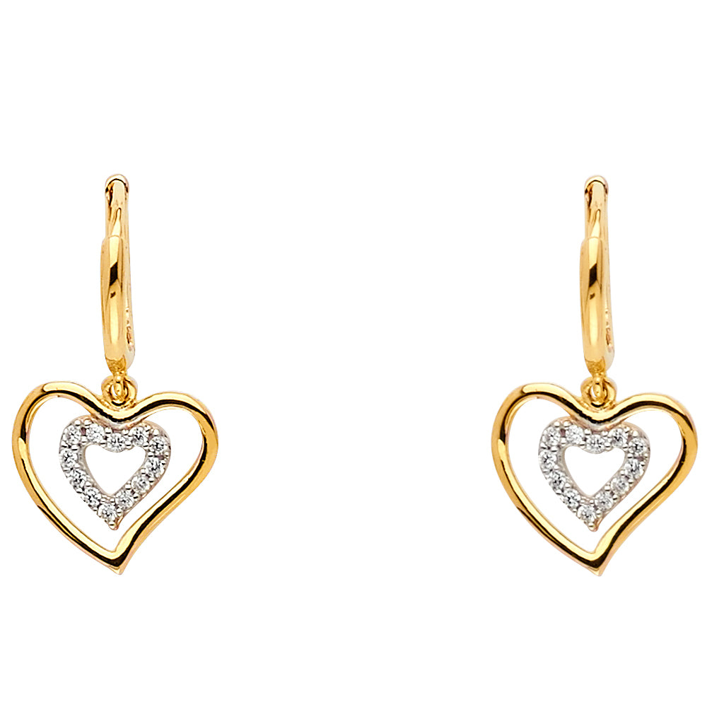 14K Two Tone Gold CZ Heart Hanging Earring