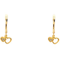 14K Yellow Gold CZ 2 Hearts Hanging Earring