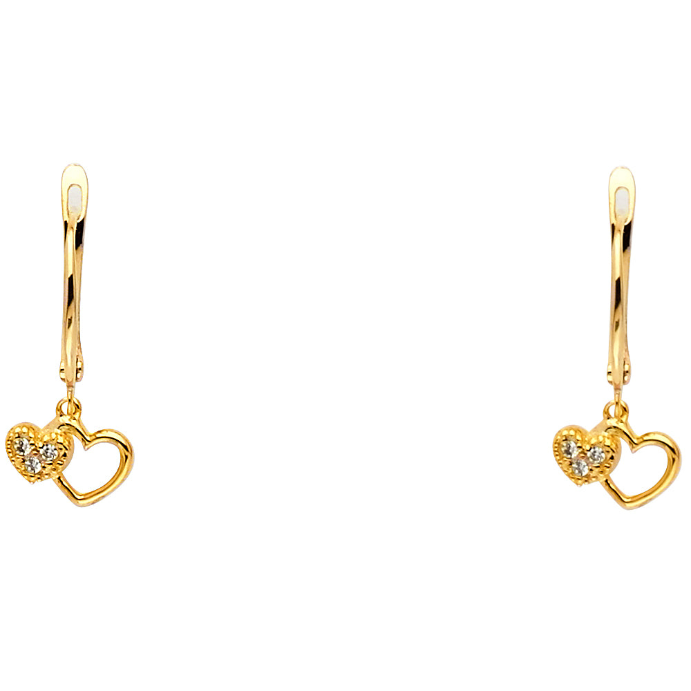 14K Yellow Gold CZ 2 Hearts Hanging Earring
