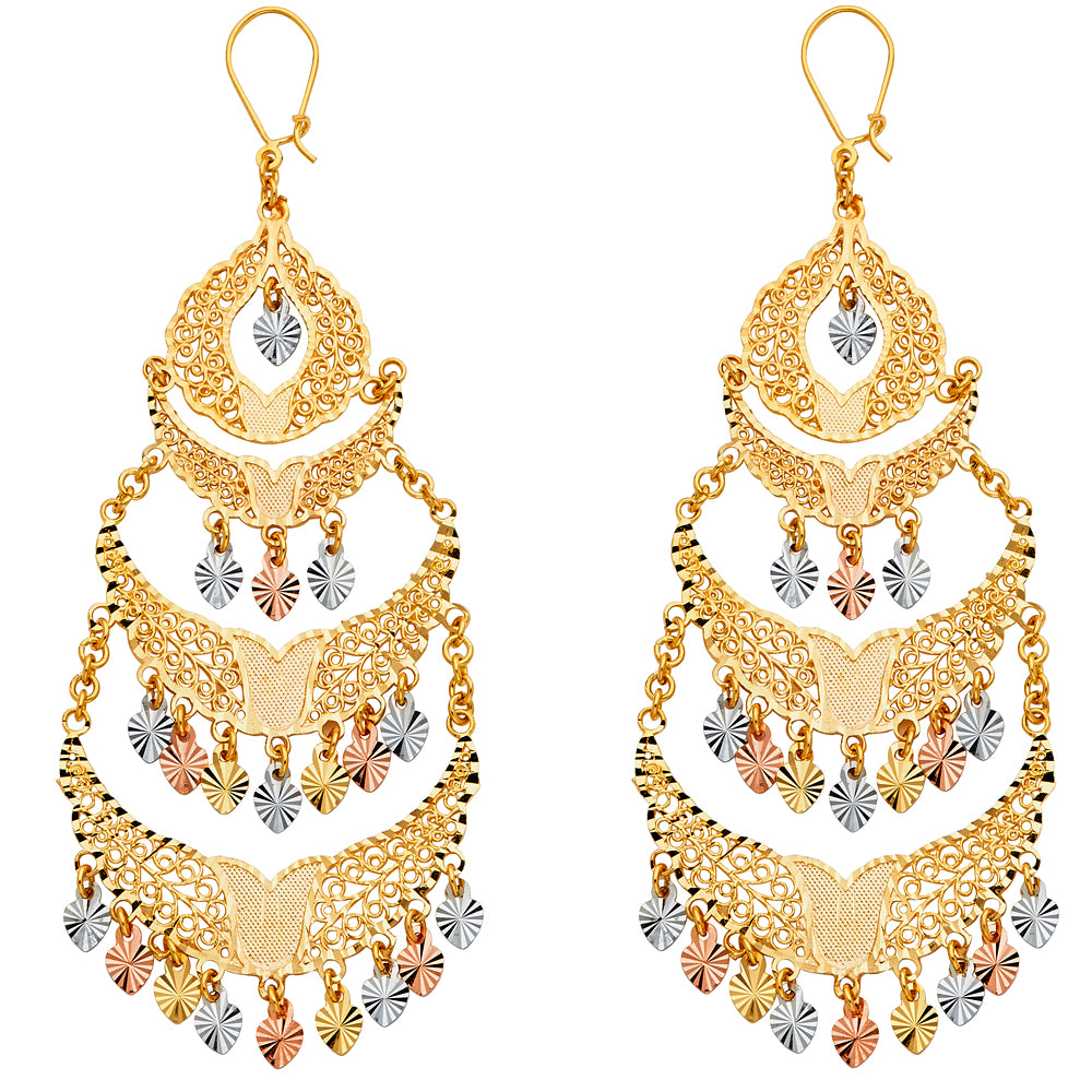 14K Yellow White Rose Gold Diamond Cut Chandelier Hang Earring