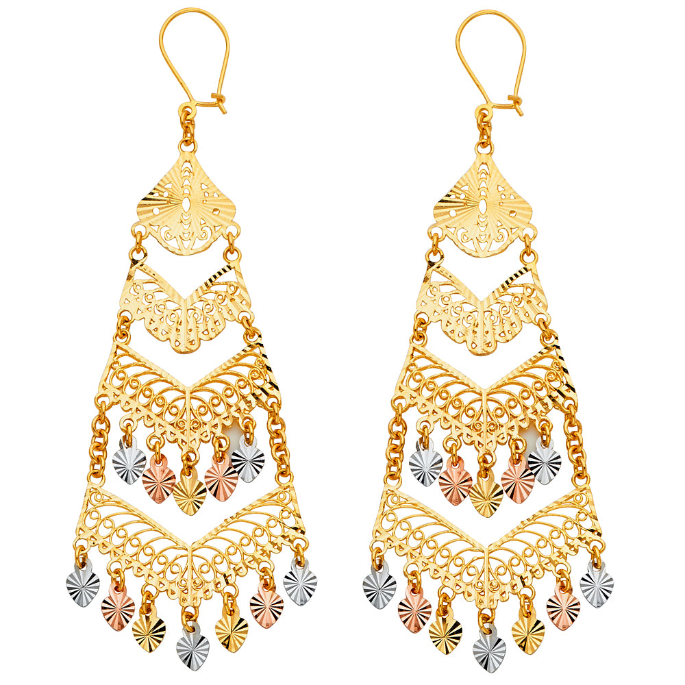 14K Yellow White Rose Gold Diamond Cut Chandelier Hang Earring