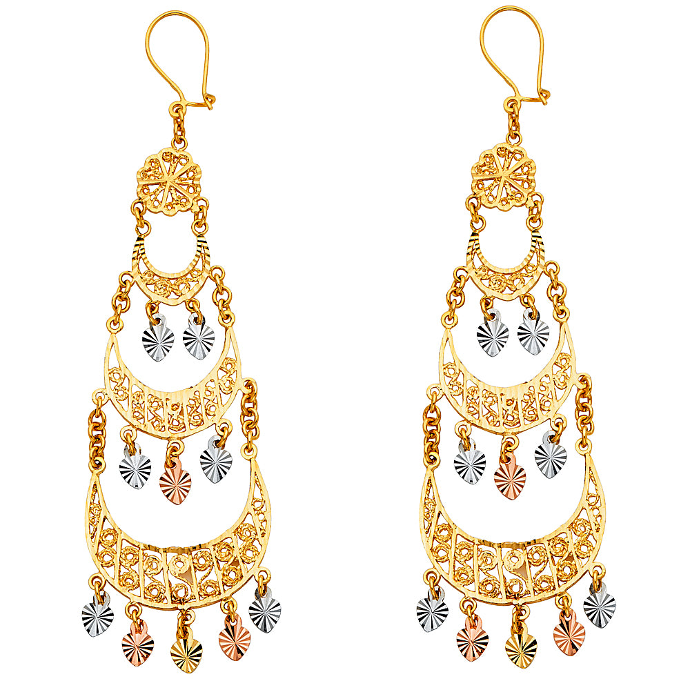 14K Yellow White Rose Gold Diamond Cut Chandelier Hang Earring