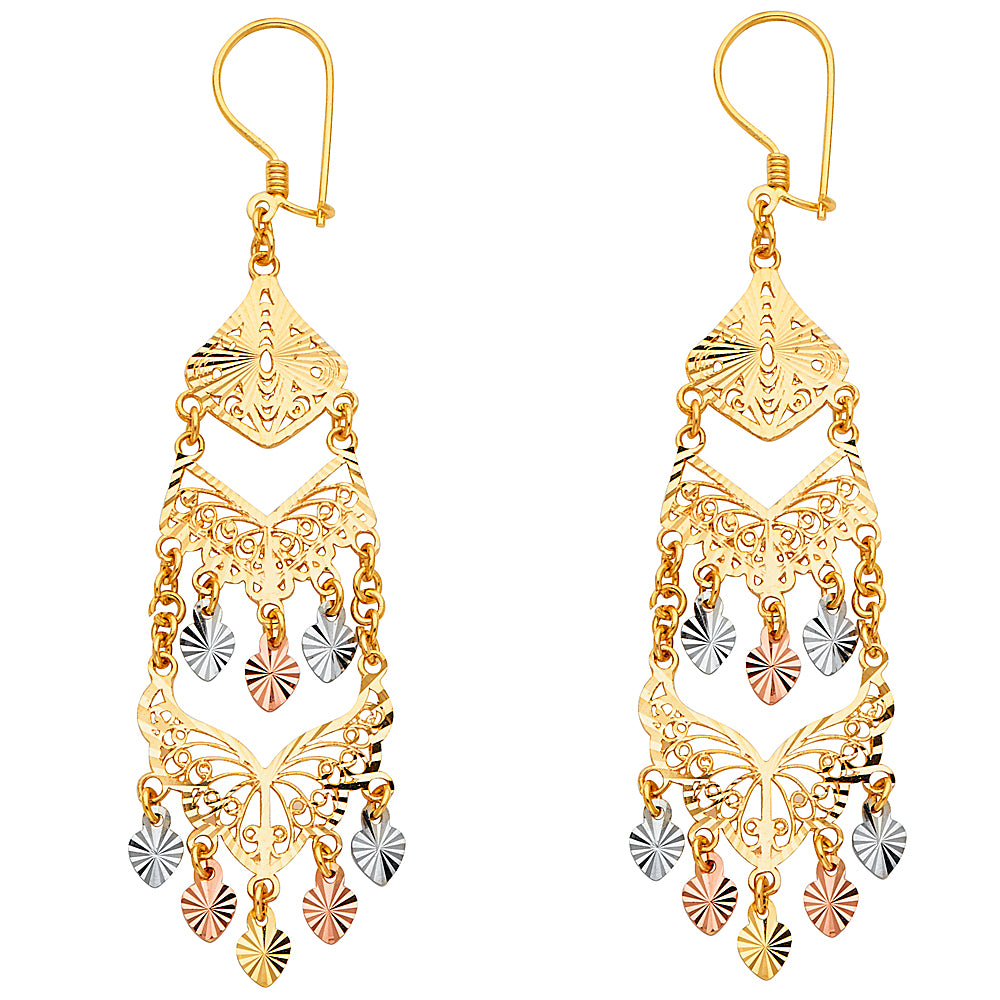 14K Yellow White Rose Gold Diamond Cut Chandelier Hang Earring