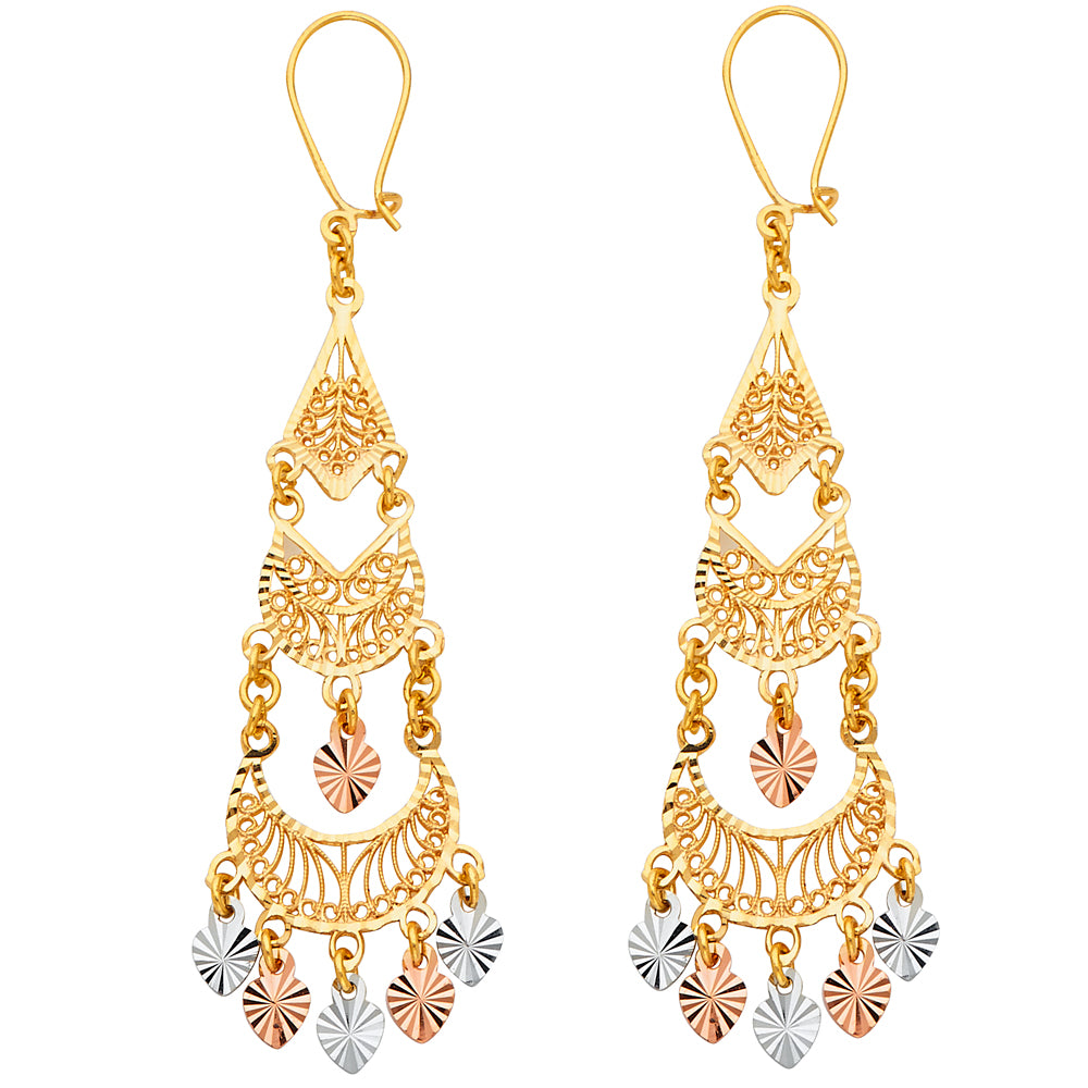 14K Yellow White Rose Gold Diamond Cut Chandelier Hang Earring