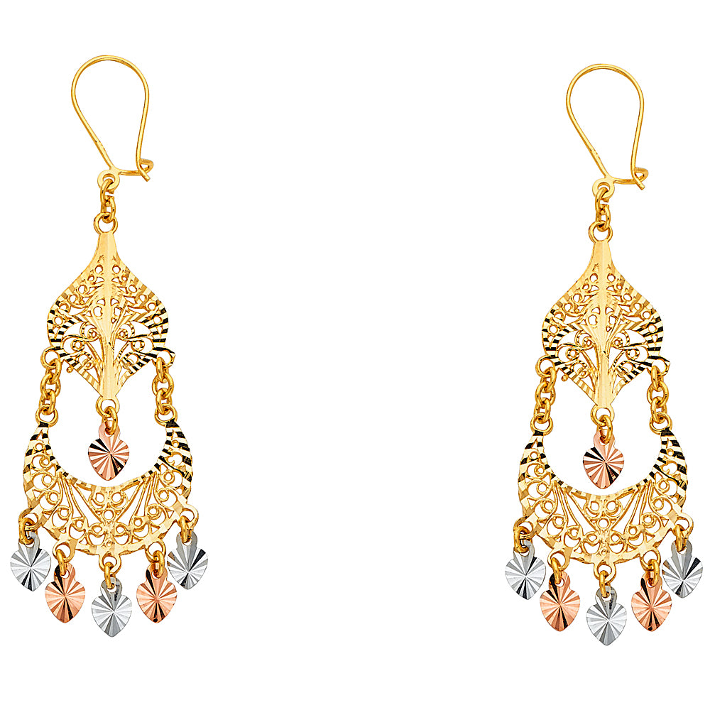 14K Yellow White Rose Gold Diamond Cut Chandelier Hang Earring