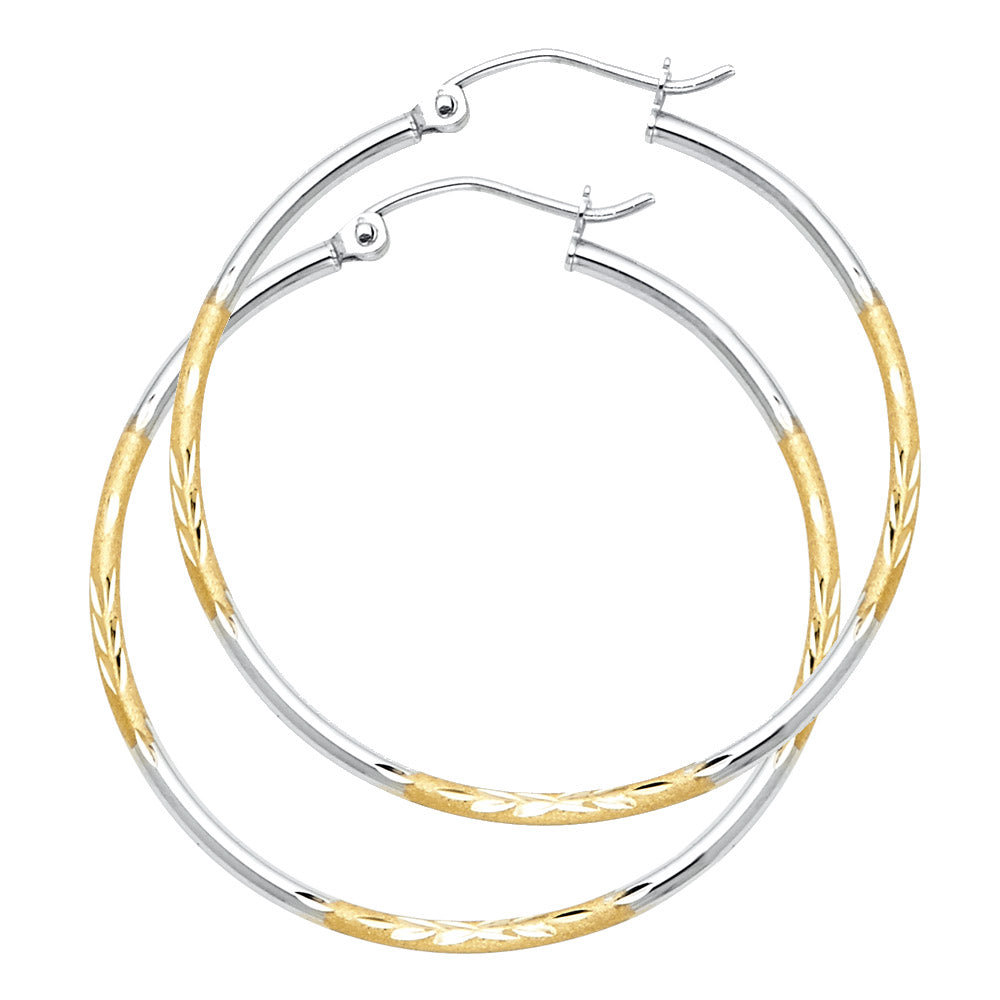 14K Two Tone Gold Bud Diamond Cut Hoop Earring