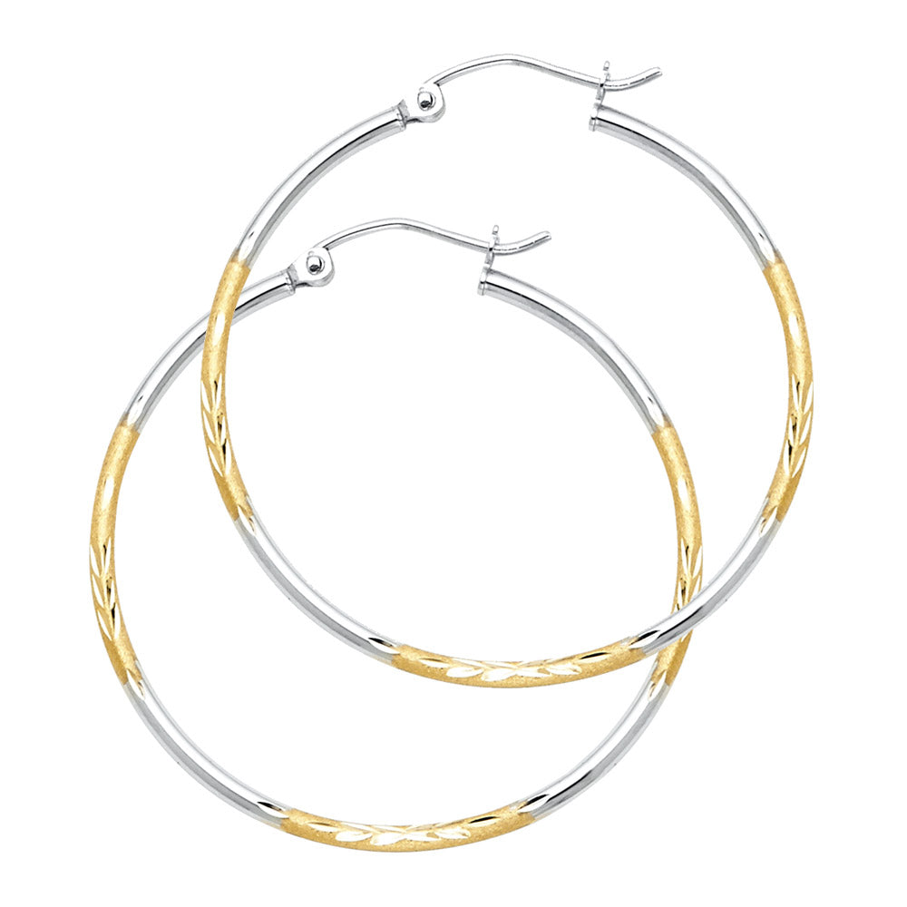 14K Two Tone Gold Bud Diamond Cut Hoop Earring