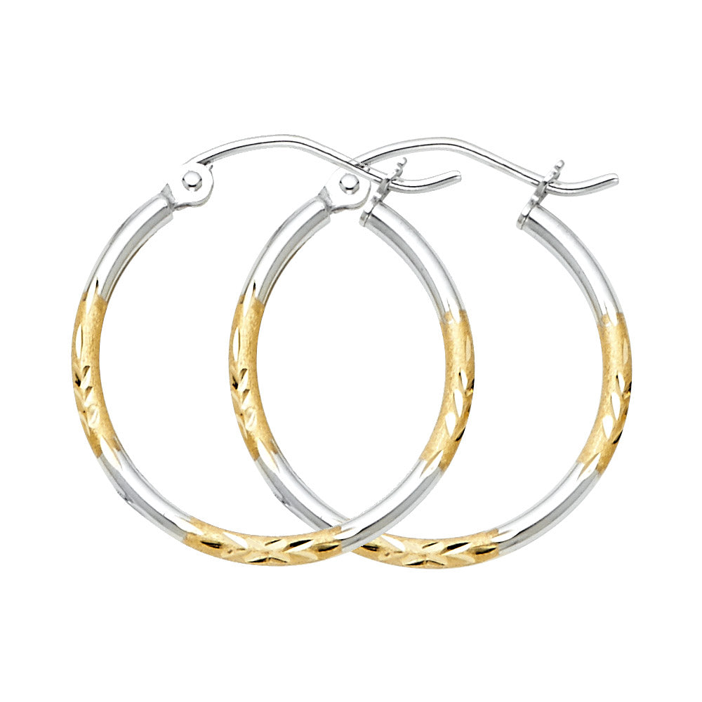 14K Two Tone Gold Bud Diamond Cut Hoop Earring