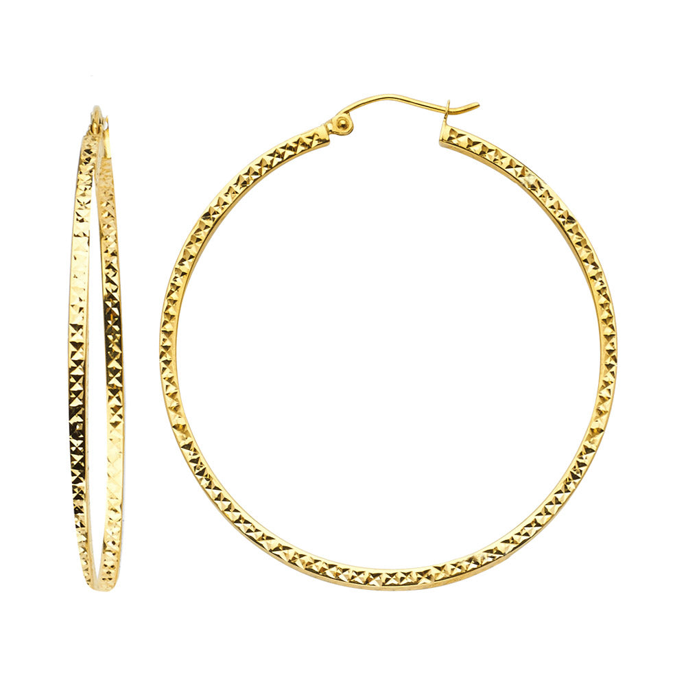 14K Yellow Gold Full Diamond Cut Hollow Square Tube Hoops