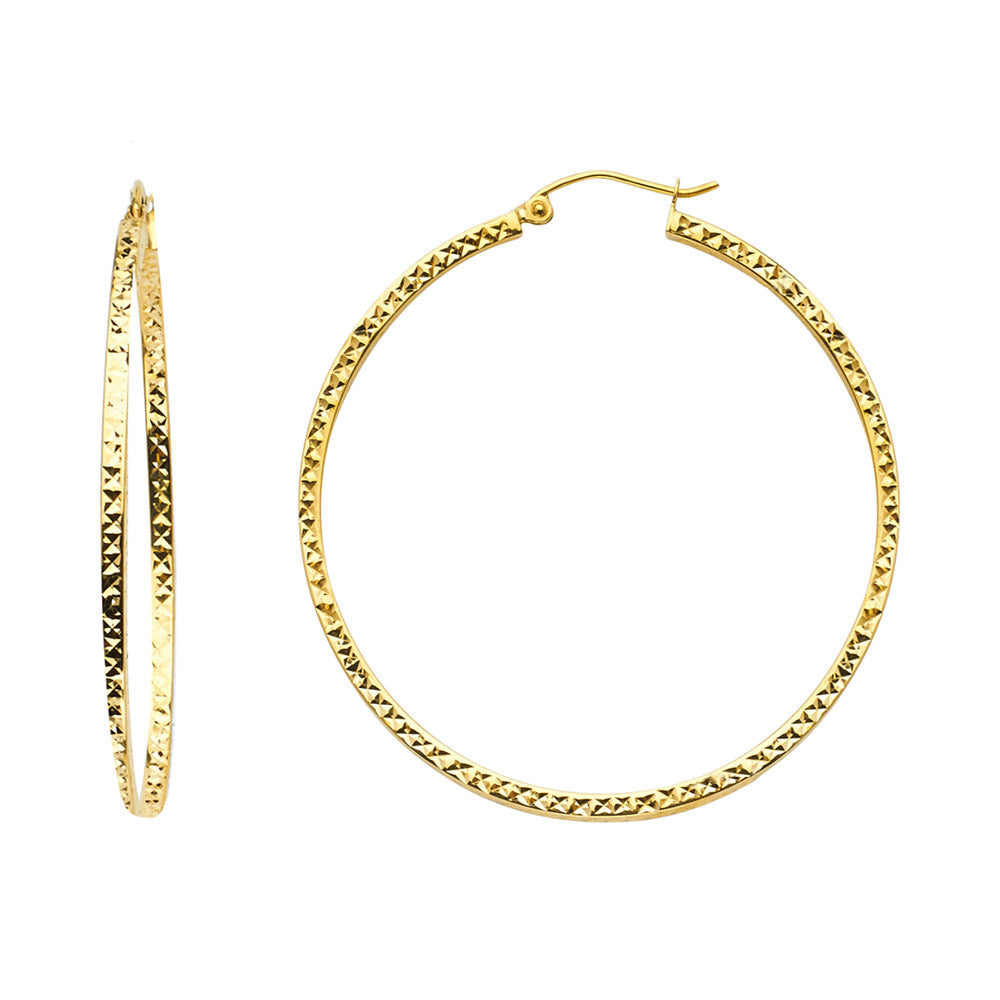 14K Yellow Gold Full Diamond Cut Hollow Square Tube Hoops