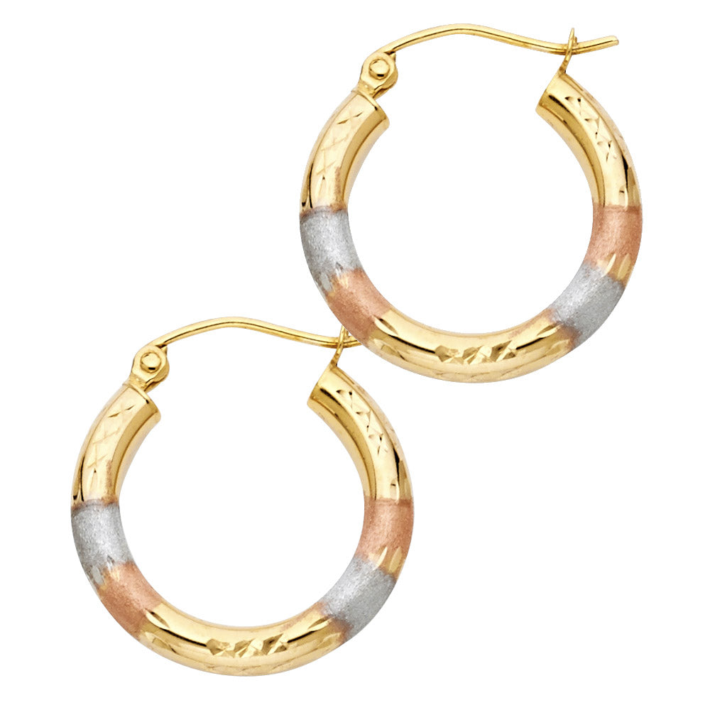14K Yellow White Rose Gold Diamond Cut Hoop Earring