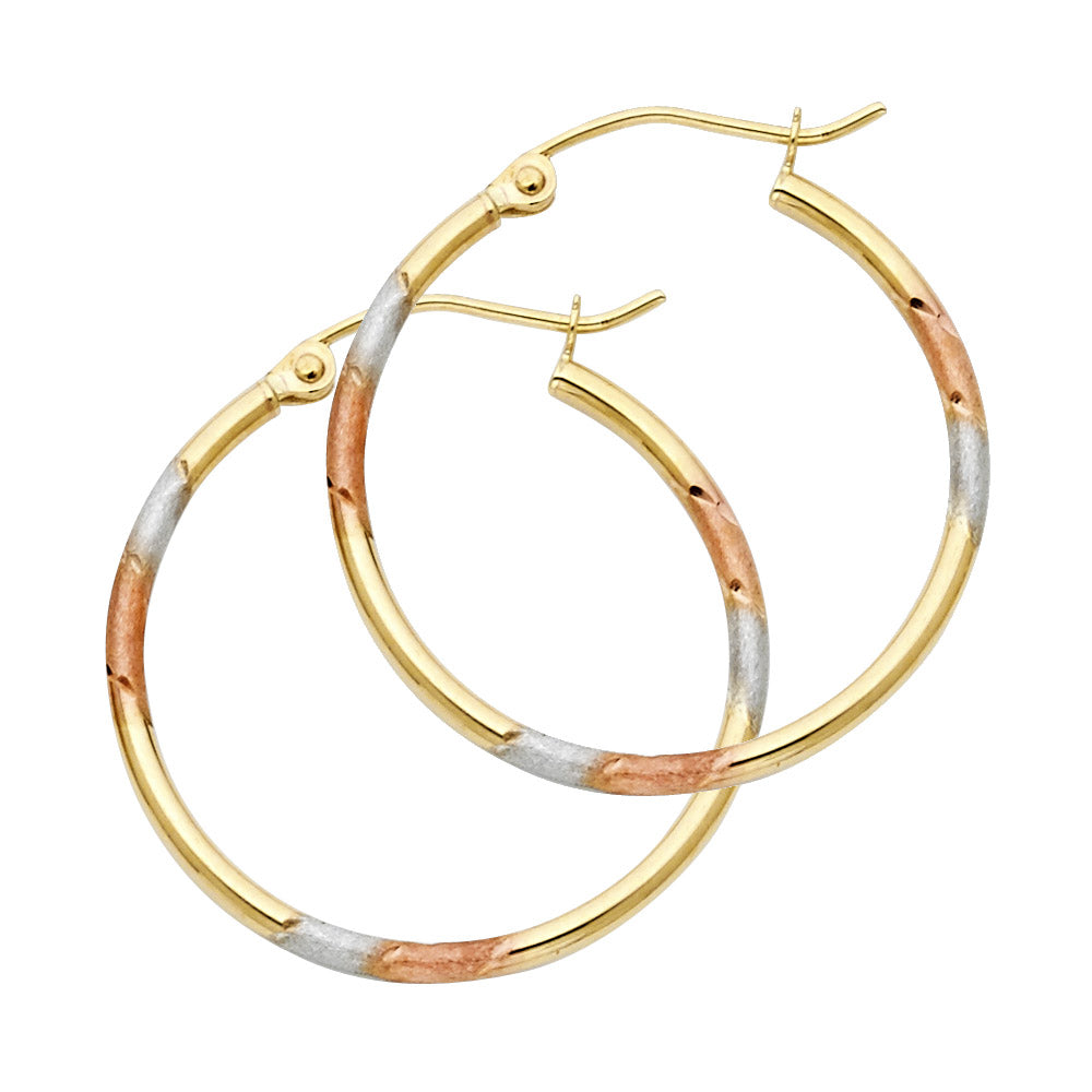 14K Yellow White Rose Gold Diamond Cut Hoop Earring