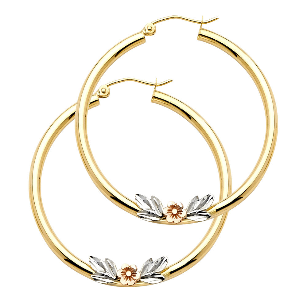 14K Yellow White Rose Gold Flower Hoop Earring