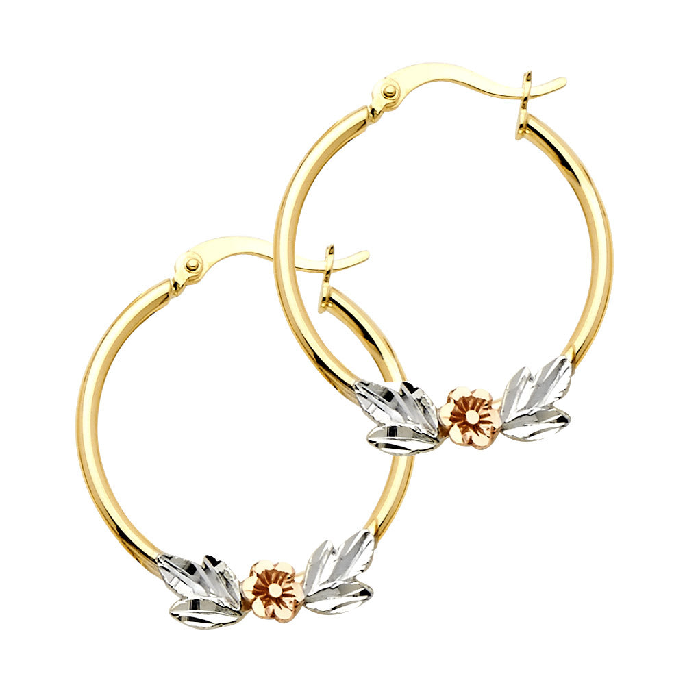 14K Yellow White Rose Gold Flower Hoop Earring