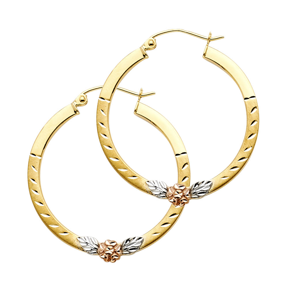 14K Yellow White Rose Gold Flower Square Hoop Earring