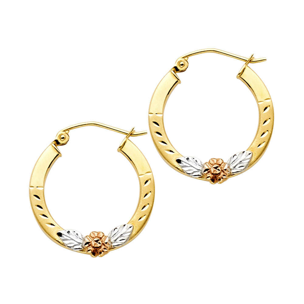 14K Yellow White Rose Gold Flower Square Hoop Earring